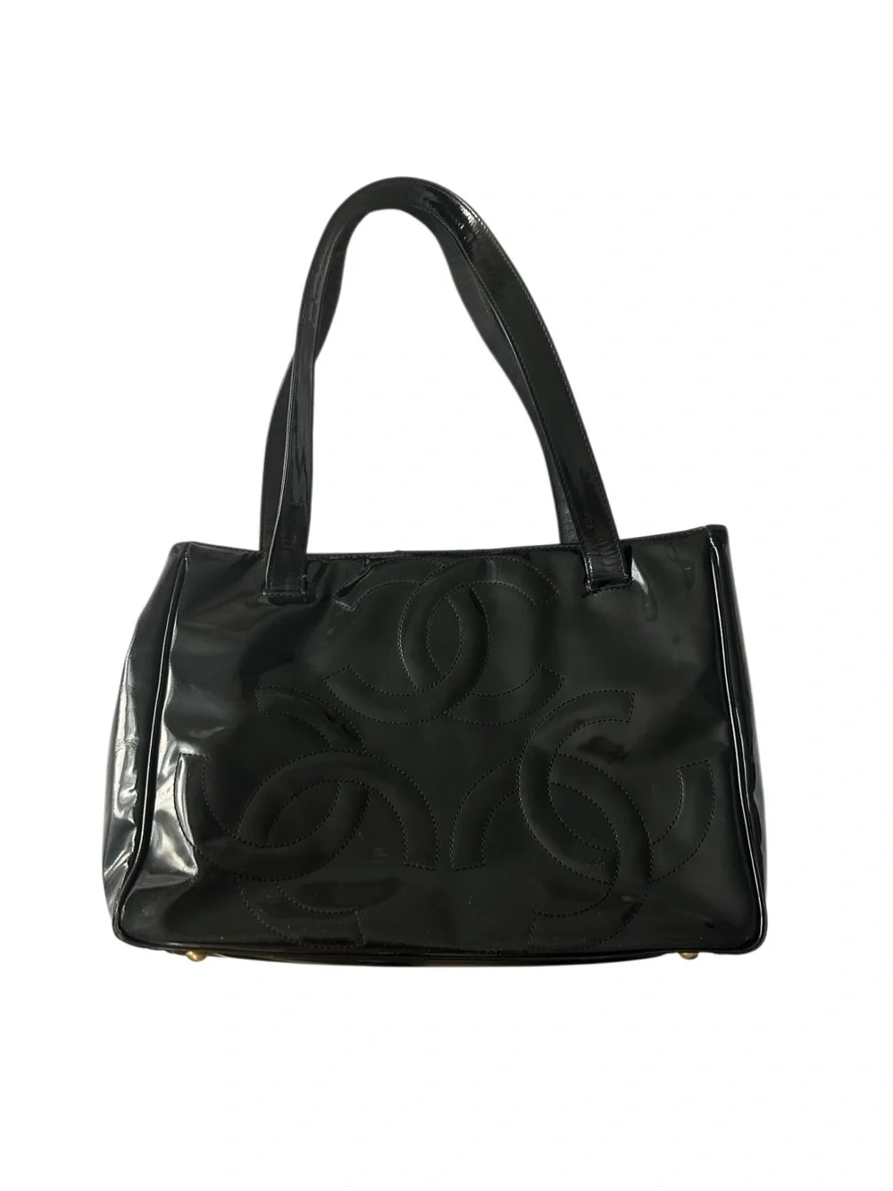 CHANEL Black Patent Leather Quilted Shoulder Bag with CC Motif